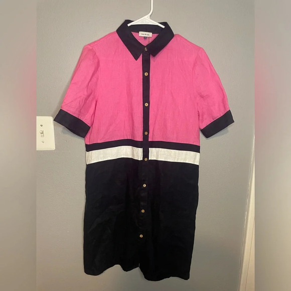 Court & Rowe 100% Linen Colorblock Short Sleeve Shirt Dress- pink/Navy Size S - Picture 2 of 7